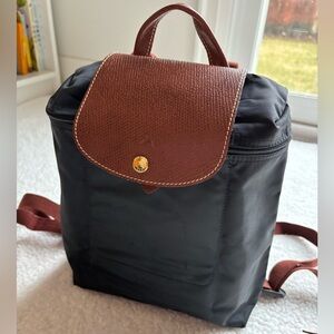 Longchamp Le Pliage Original Black Nylon Backpack with brown leather trim